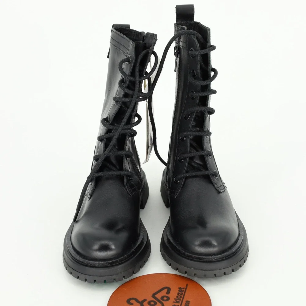 Zara Girls Black Leather Lace Up Side Zip Combat Boots Size 12.5 Ankle Boots NWT